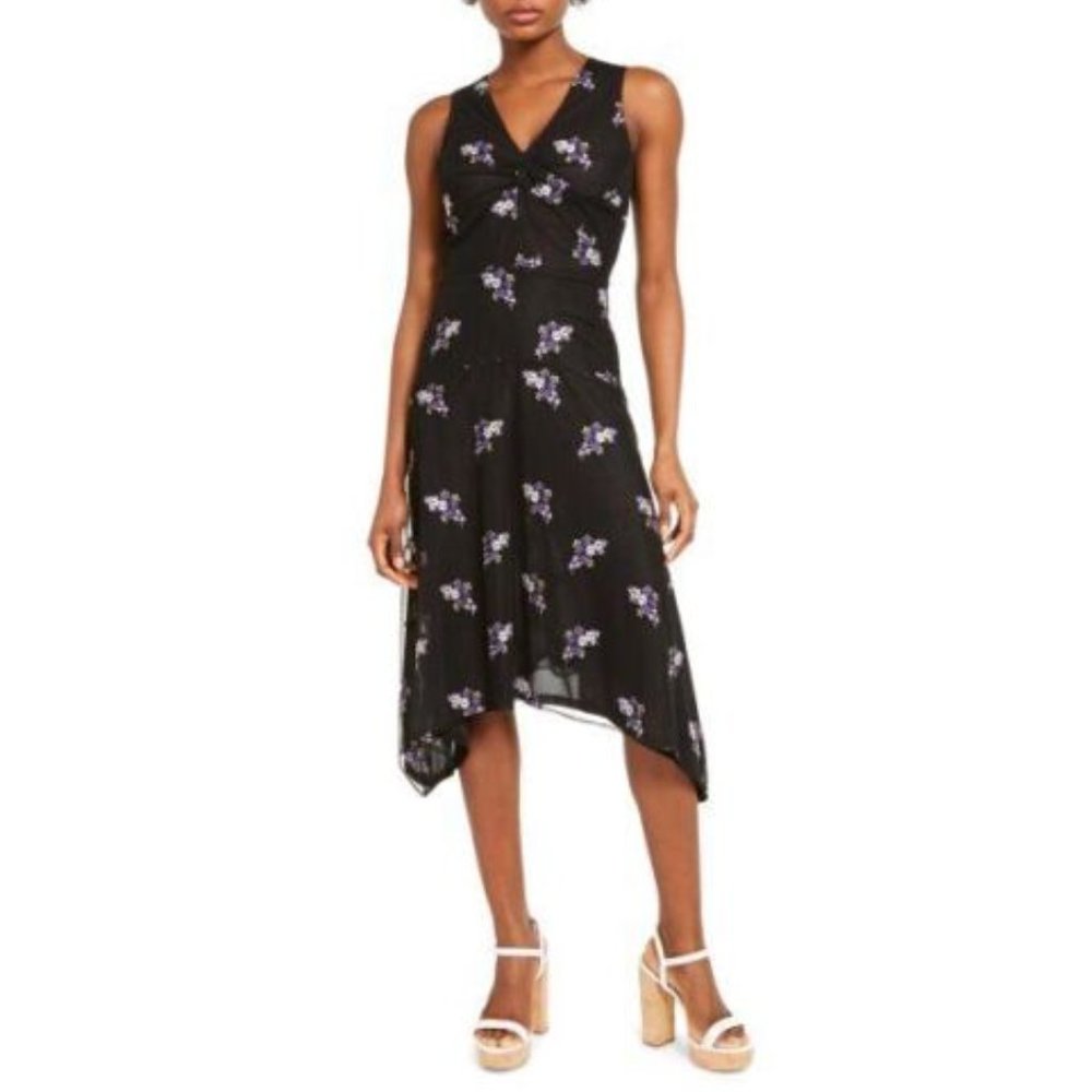 Michael Kors Floral Twist-Front Black Sleeveless Handkerchief Dress Medium NEW